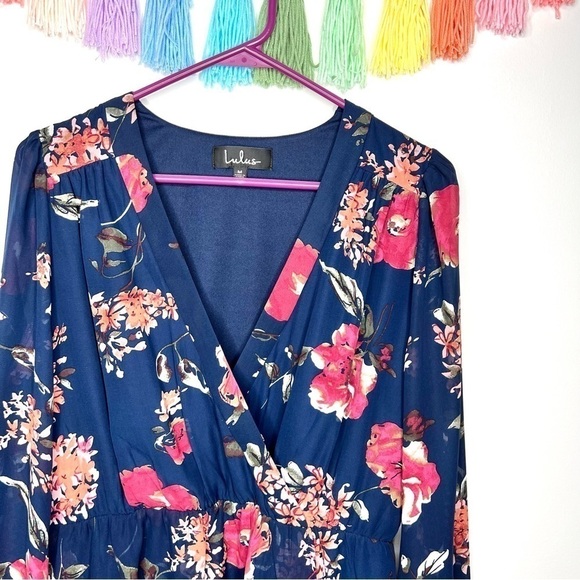 Lulus Pretty Pretender Navy Floral Print Long Sleeve Faux Wrap Dress Size Medium - Picture 7 of 17